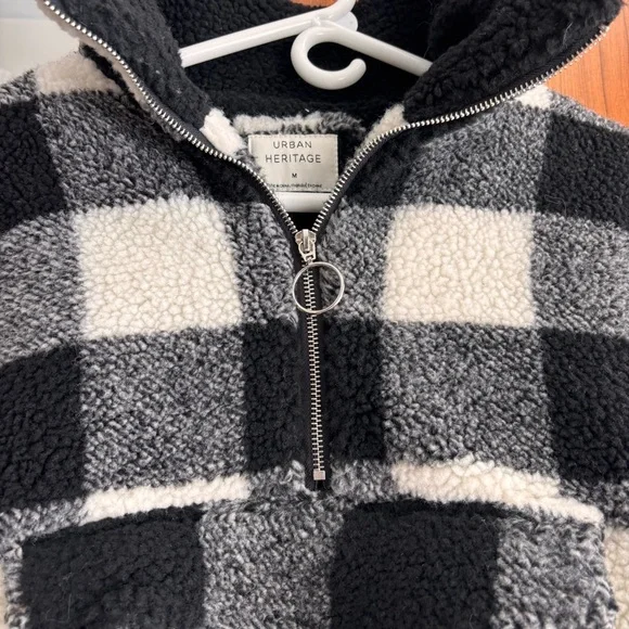 Urban Heritage Black White Buffalo Plaid Sherpa Fleece 1/4 Zip Pullover Size M - Picture 9 of 12